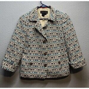 Nina Mclemore Women Blue,White Geometric Pattern Button Front Blazer Jacket Sz 2